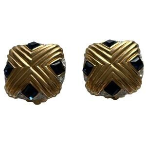 A. C. Signed Blue Clear Crystal Square Gold tone Clip on Earrings vintage 1980s